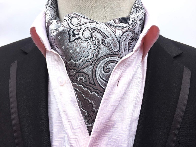 Secdtie Men's Floral Paisley Jacquard Woven Self Cravat Tie Teens Unique Silver Prom Ascot - Image 2